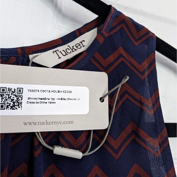 Tucker Shirred Neckline Top Holiday Chevron in Crepe de Chine Silk Blouse - Picture 4 of 7